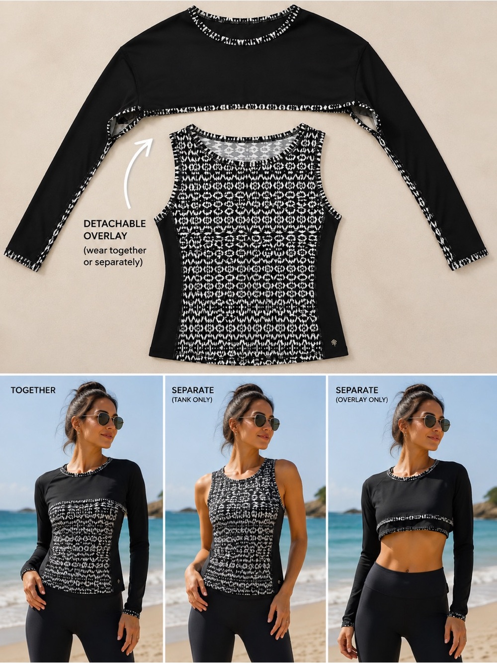 Coolibar Black and White Patterned sun protection top for swimming